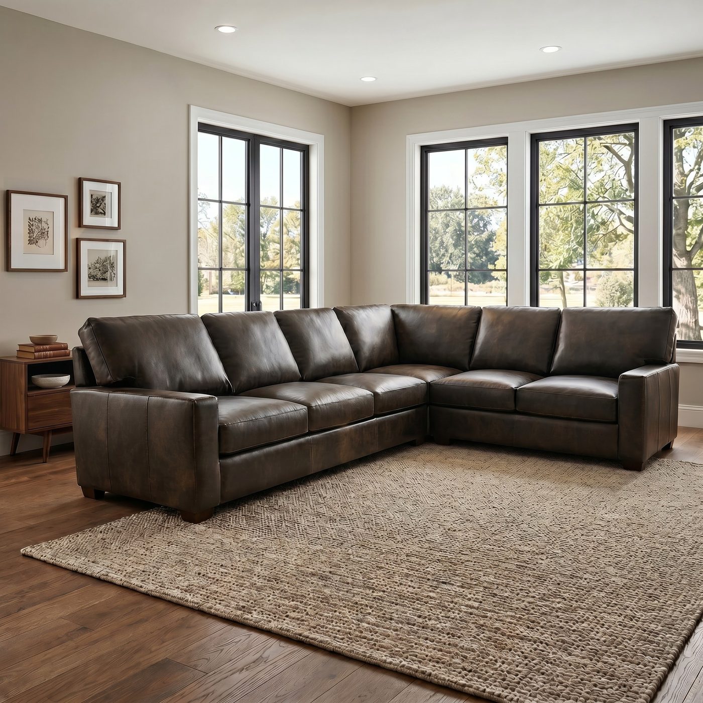 Brooks 3-piece leather sectional in an L-shape corner configuration, brown top-grain leather