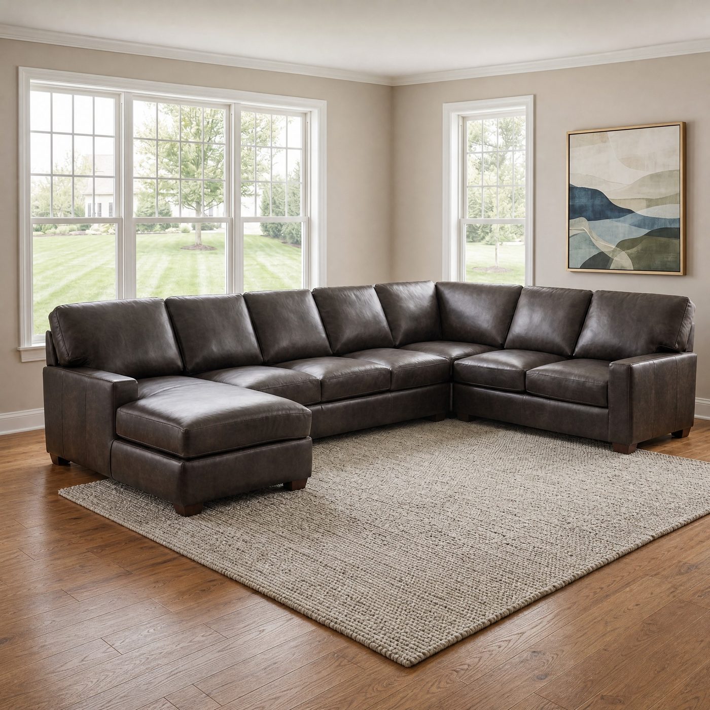 Brooks 4-piece leather sectional with chaise in a U-shape configuration, brown top-grain leather